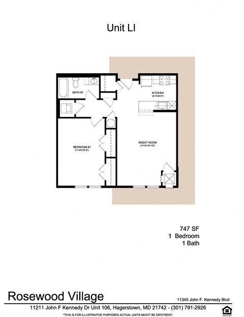 Floor plan for 1 bed, 1 bath, 747 sqft